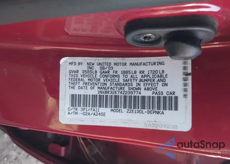 2004 Toyota Corolla Le из США, поврежденный, VIN 1NXBR32E74Z239774